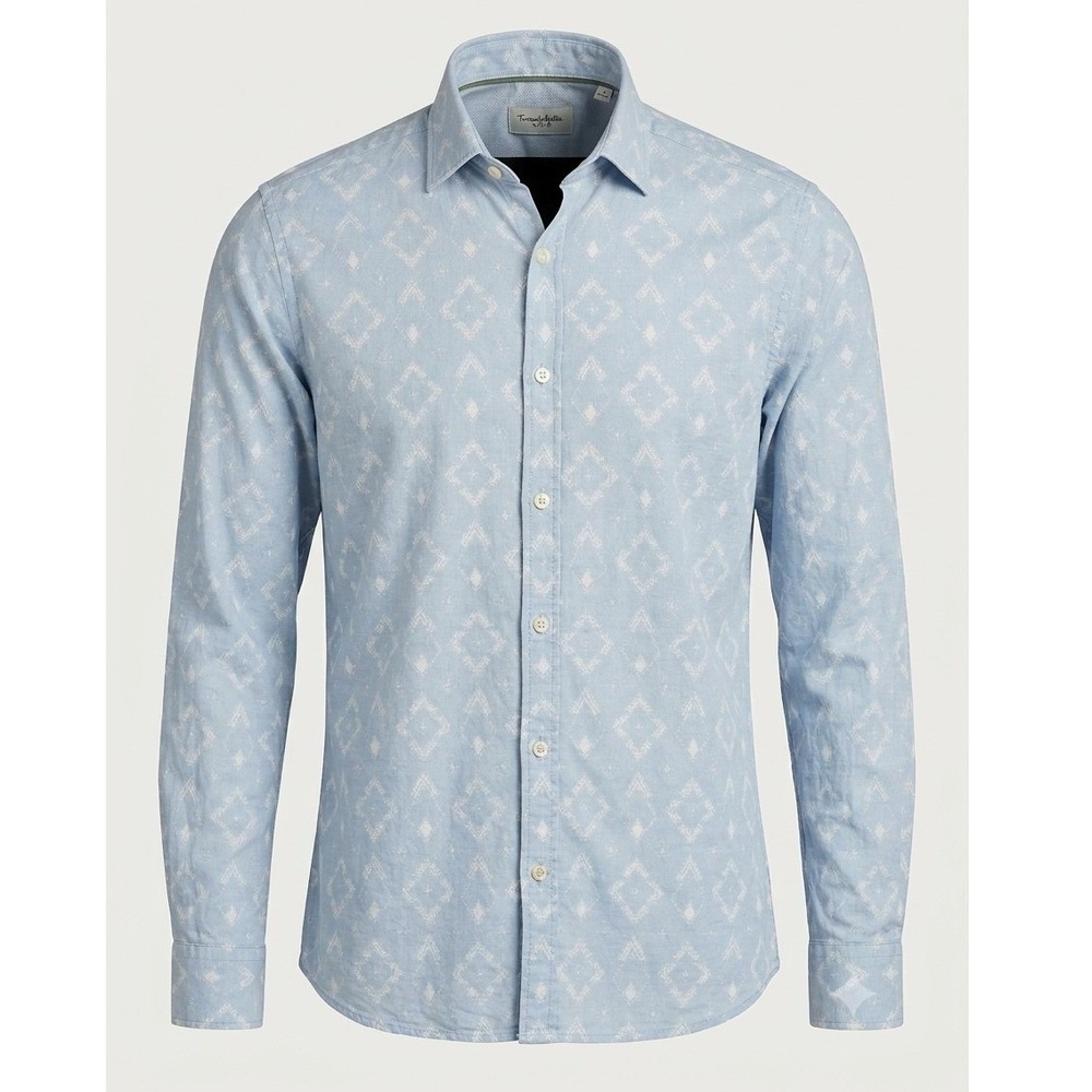Tintoria Mattei 954 Mens Light Blue Geometric Diamond Print Cotton Shirt Italy